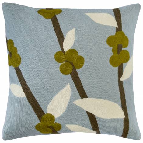 Judy Ross Textiles Hand-Embroidered Chain Stitch Coffeetree Celadon Throw Pillow cream/kiwi/fig